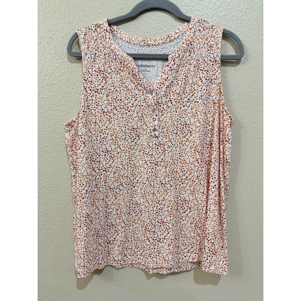 Croft & Barrow Sleeveless Blouse L Large Orange Red Confetti Dot Split Neck